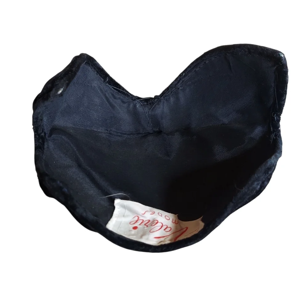 Valerie Modes Vintage Black Velvet Hat With Rhinestone Beaded Centerpiece Brooch